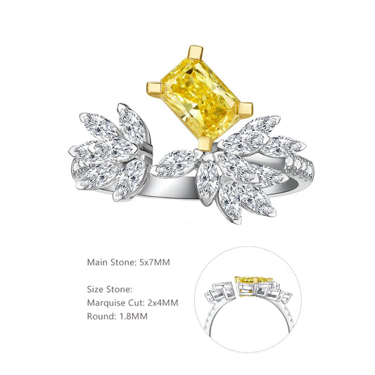 Gioiellieri Abiding Bespoke Open Ring Yellow & White Moissanite 925 Sterling Silver Fancy Marquise & Radiant Cut Adjustable Ring for Ladies