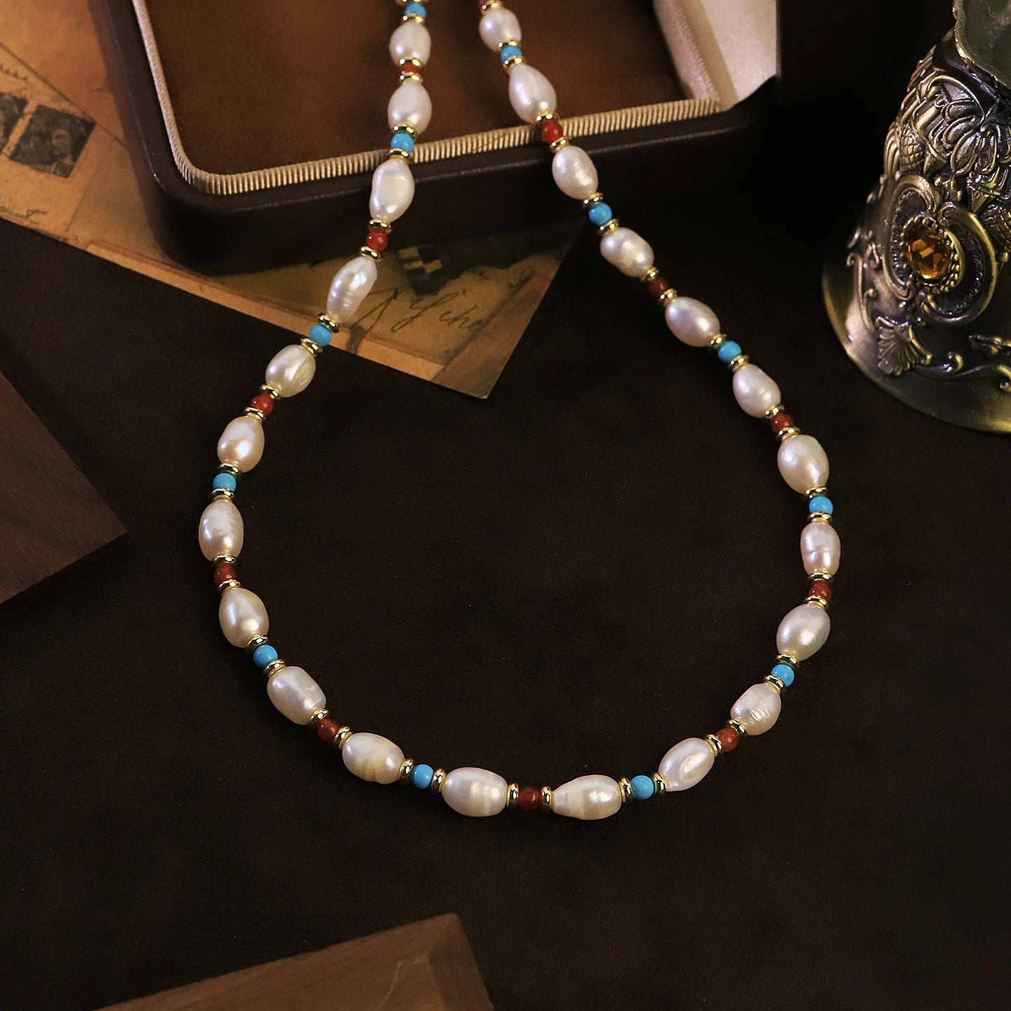 Natural Freshwater Pearl Turquoise Coral Beaded Necklace for Women Daily Party Wedding Vacation Dainty Necklace Bohemian Jewelry