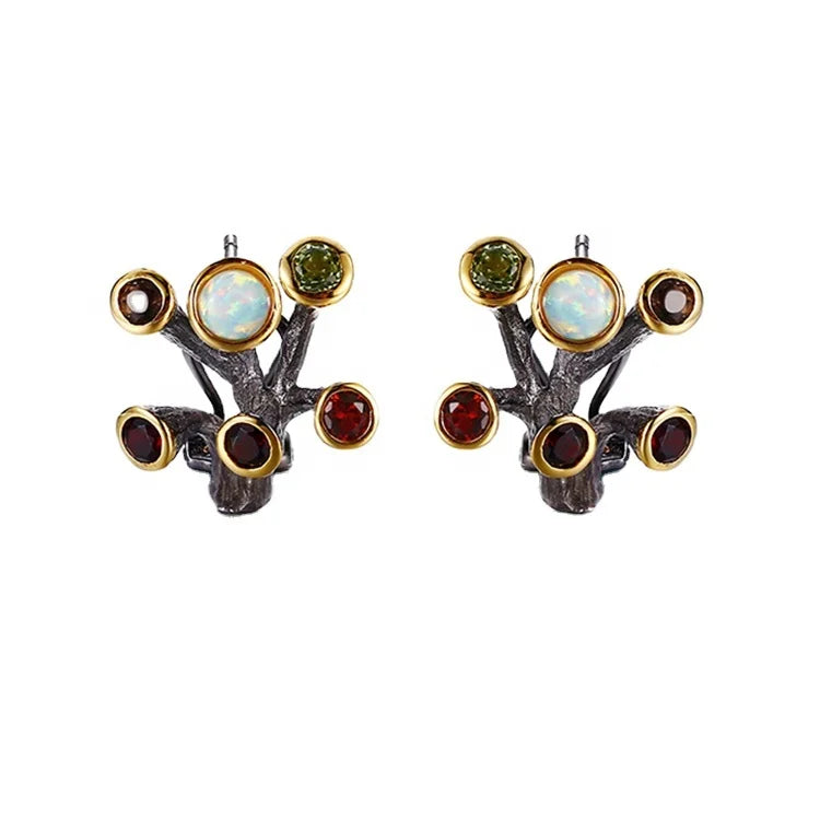 Tree Branch Design Opal Gemstones 925 Sterling Silver Clip-on Earrings