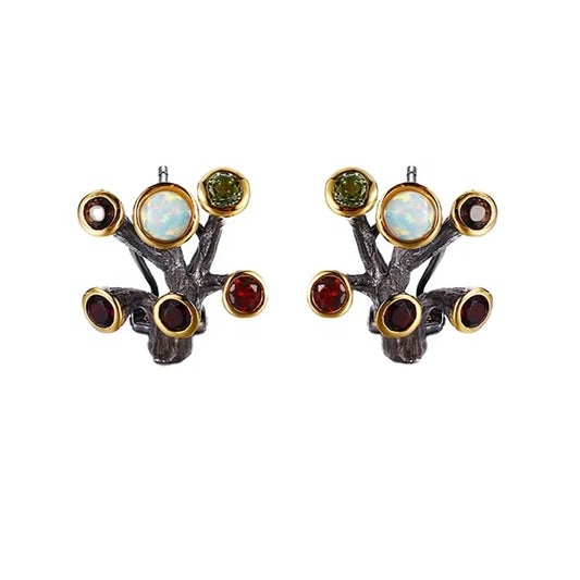Tree Branch Design Opal Gemstones 925 Sterling Silver Clip-on Earrings