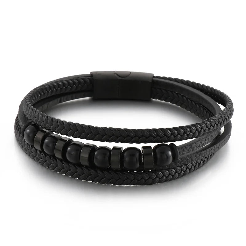 KALEN Men Casual 210mm Braided Leather Bracelet With Stainless Steel Beads