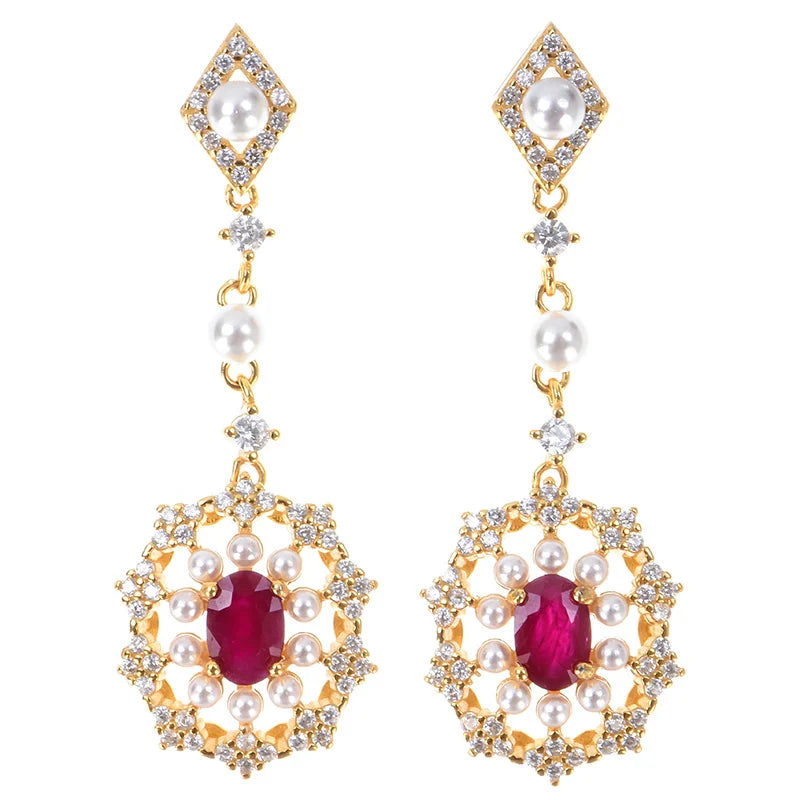 Gioiellieri 925 Sterling Silver Oval Cut Ruby Natural Stone Claw Setting Gold Plated Drop Earrings Luxury Jewelry Gift Women Party Occasion
