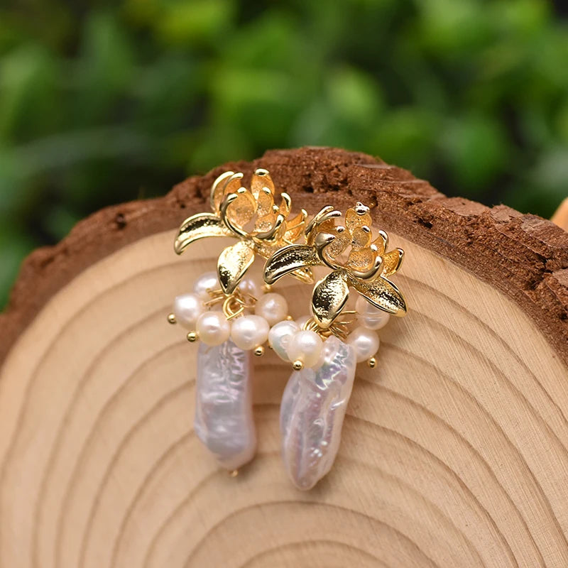 Flower Shape Charm Drop Earrings for Women Natural Freshwater Baroque Pearl Christmas Earrings Luxury Jewelry  Earrings Bulk