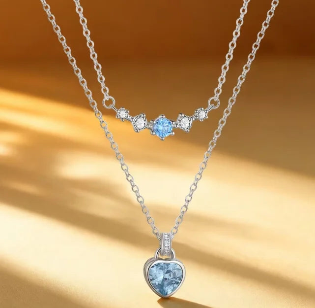 S925 Sterling Silver Double Layer Necklace Set Blue Moissanite Heart Pendant Necklace Trendy Clavicle Chain Jewelry for Women