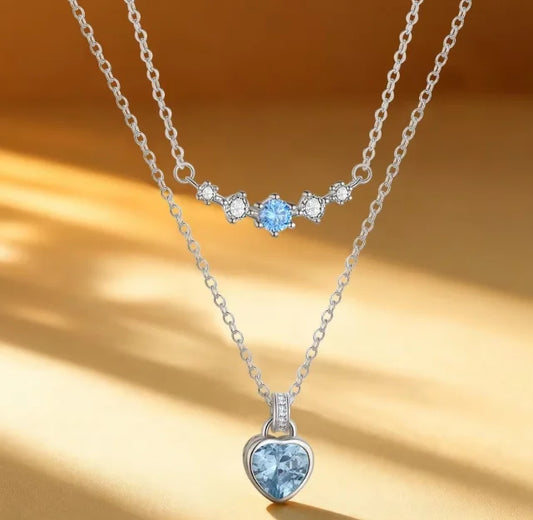 S925 Sterling Silver Double Layer Necklace Set Blue Moissanite Heart Pendant Necklace Trendy Clavicle Chain Jewelry for Women