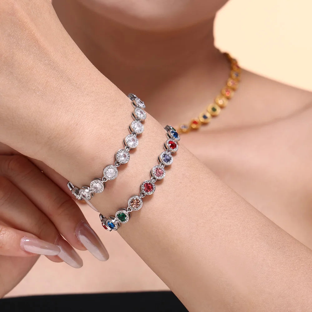 REDheart New Stainless Steel Full Drill 3A Zircon Mixed Color Bracelet PVD Vacuum Electroplating Does Not Fade Necklace Jewelry Set