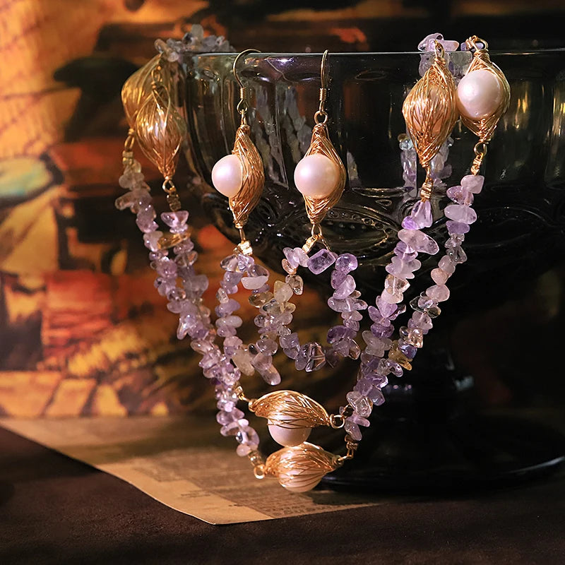 GLSEEVO Natural Freshwater Pearl & Amethyst Sterling Silver Necklace & Earrings Set — Luxury Design