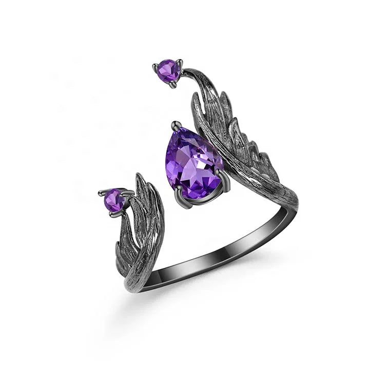 ArtistA C7873 Abiding Special Tribal Myth Design 925 Sterling Silver Black Gun Plated Natural Amethyst Open Ring