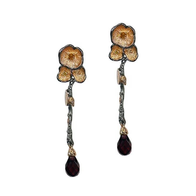 Guangdong Handmade Classic Little Flower 925 Sterling Silver Drop Earrings with Garnet for Wedding & Party Gift