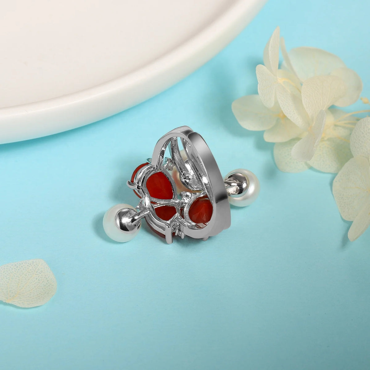 ArtistA Abiding Price Natural Red Agate Freshwater White Pearl Solid 925 Silver Adjustable Ring Pendant Earrings Jewelry Set