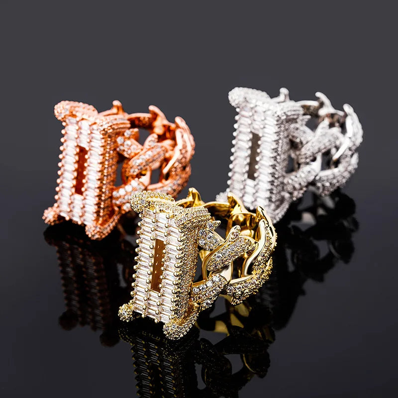 Hip Hop Thorn Spike Wide Ring Plated 14k Gold Ladder Square Zirconium Full Set Rap Stage Trendy Men's Accessories Wholesale