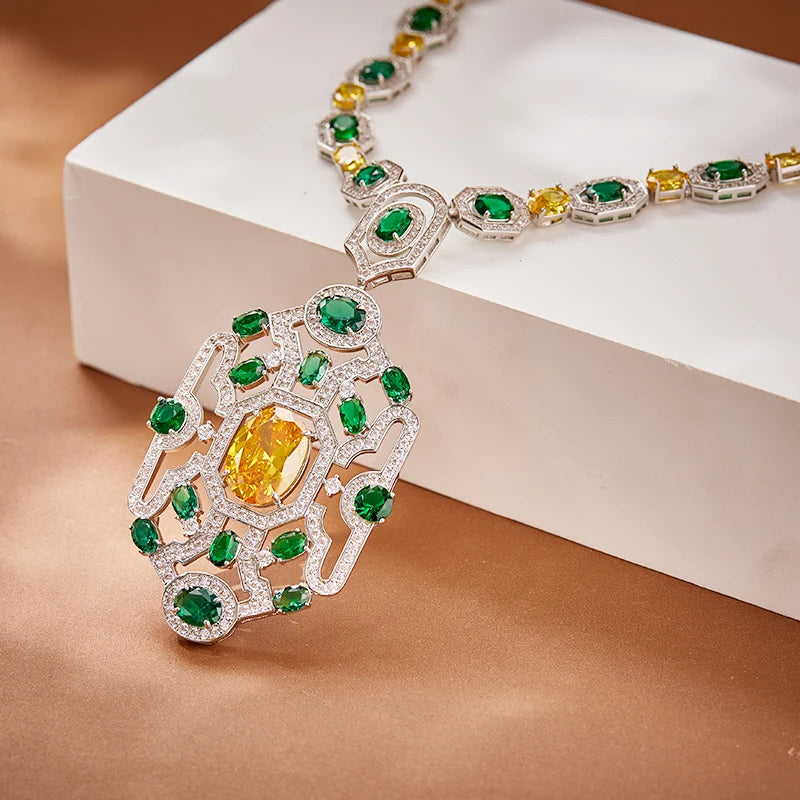 Factory Wholesale Brass Material Inlaid with Zircon Green Women's Jewelry Set  Classic Necklace Wedding Party