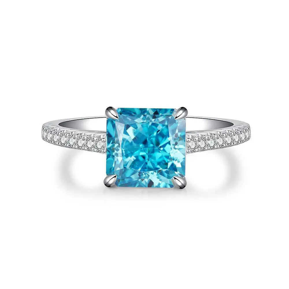 Waterproof Women 925 Sterling Silver Aquamarine 5A 8A Cubic Zirconia Ring Wedding Anniversary Rings Custom Jewelry Supplies