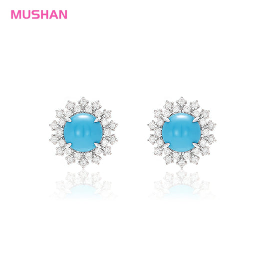 MUSHAN Jewelry Factory 925 Sterling Silver Sunflower Stud Earrings Women High Carbon Diamond with Blue Turquoise Flower Earrings