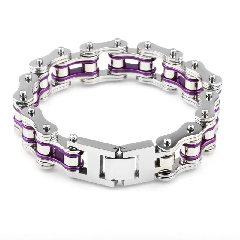 REBEL VIKING Motorcycle Chain Biker Bracelet – Silver & Deep Purple Stainless Steel