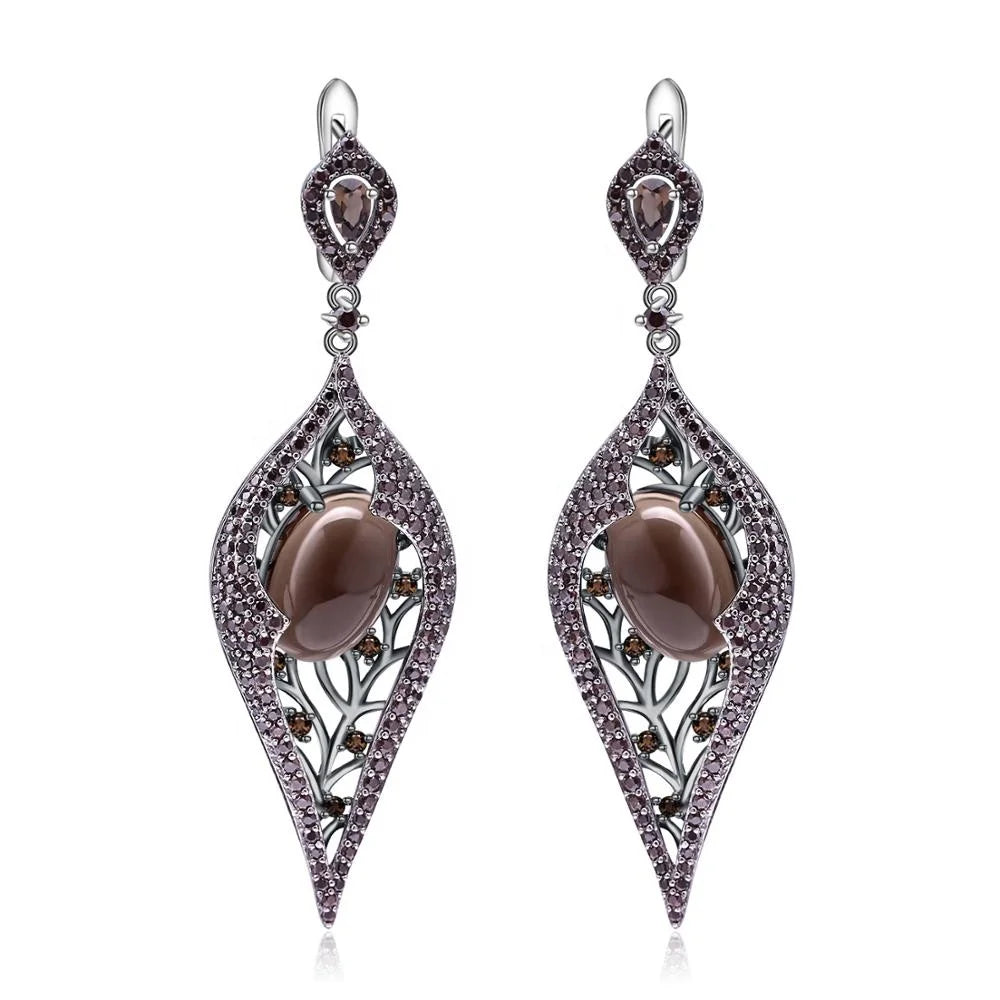 ArtistA Abiding 925 Sterling Silver Vintage Black Gunmetal Plated Natural Smoky Quartz Ring Earring Necklace Jewelry Set for Wedding