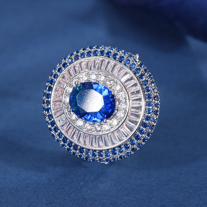 Gemfiori New Luxury Vintage Timeless Triple Layer Halo Design Jewelry Set for Women Oval Cut Blue Gem Halo Pendant Necklace Earrings Ring