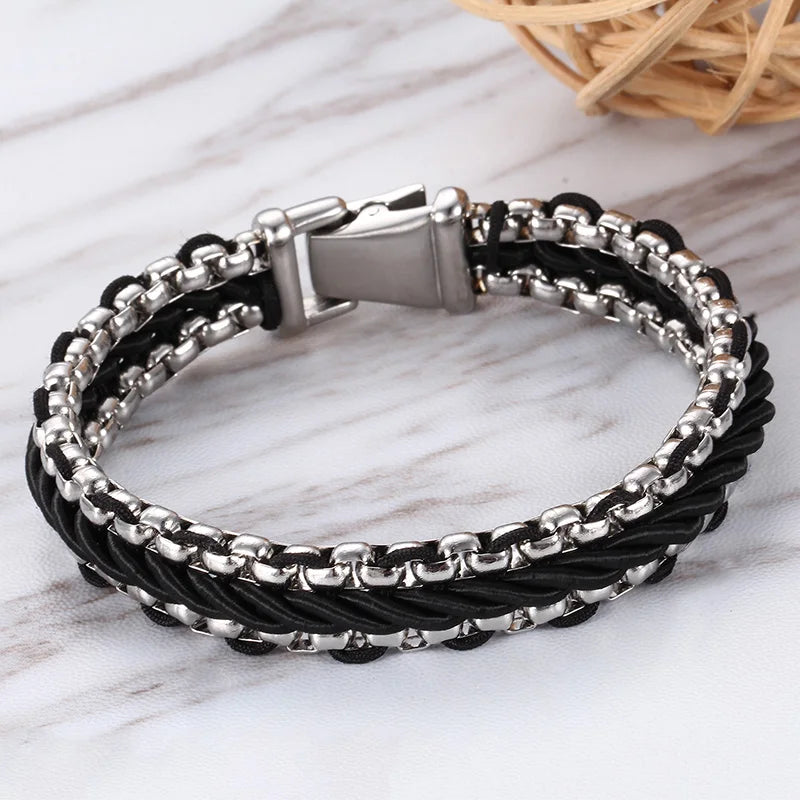 KALEN Silver Color Stainless Steel Bangle Leather Men Bracelet