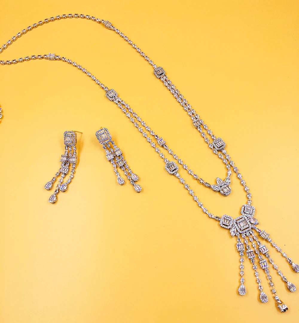Luxury Full-Paved Radiant-Cut Zirconia Double-Layer Long Tassel Pendant Necklace & Earrings Set — Rhodium Plated