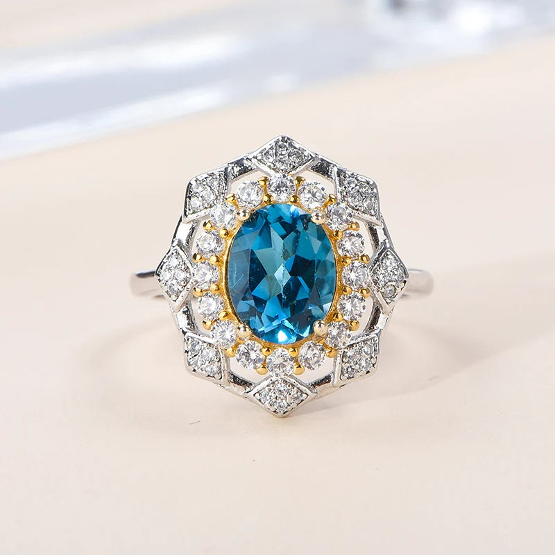 Gioiellieri High Quality 92.5% Sterling Silver Gold Plated Women's Luxury Classic Ring Natural London Blue Topaz Gemstone Oval Cut Party