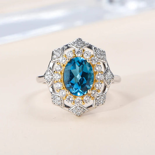 Gioiellieri High Quality 92.5% Sterling Silver Gold Plated Women's Luxury Classic Ring Natural London Blue Topaz Gemstone Oval Cut Party