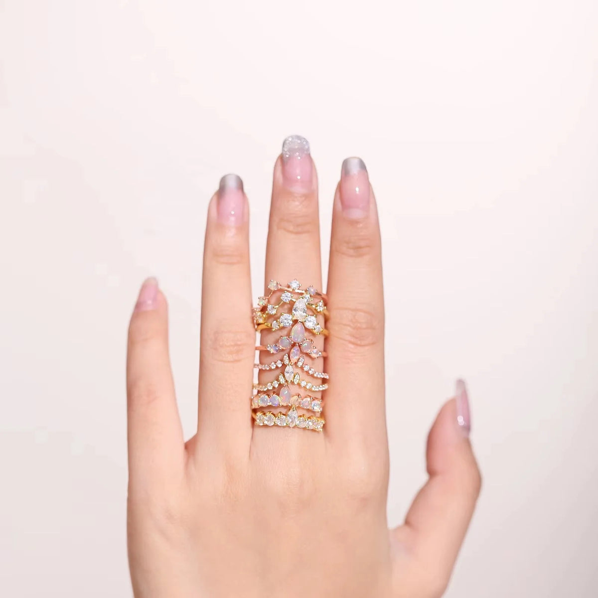 Gemfiori Abiding Factory Price Rose Gold Plated Stackable 925 Sterling Silver Curved Natural Stone African Ethiopian Opal Rings Bands