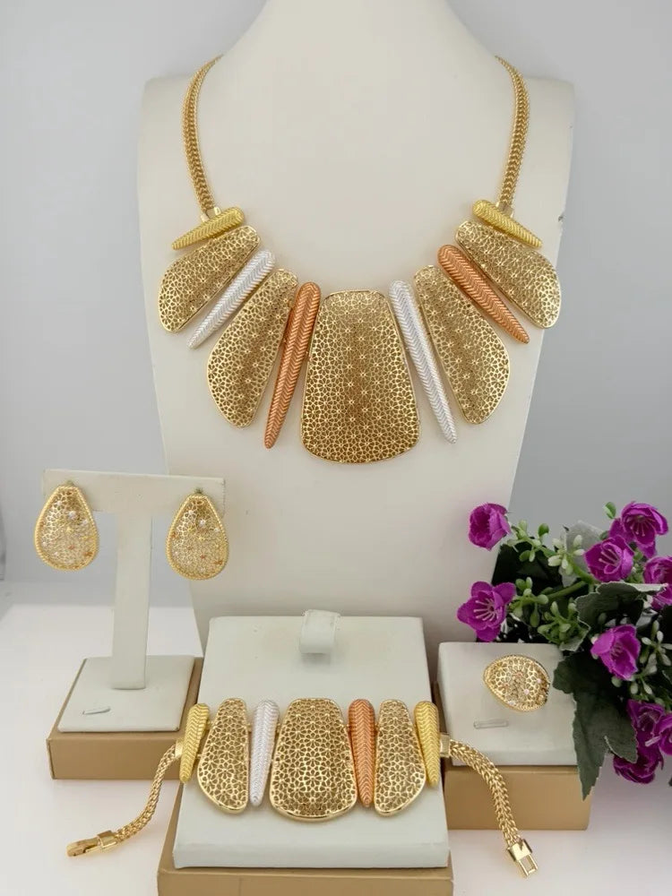 Italian Gold-Plated Jewelry Sets Necklace Bracelet Earrings Ring Four-Piece Sets Exaggerated Luxury Wedding Jewellery Set