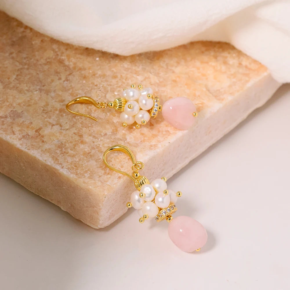 Natural Freshwater Pearl Powder Crystal Earrings for Woman Korean Fashion Style Vintage Personality Lady Jewelry