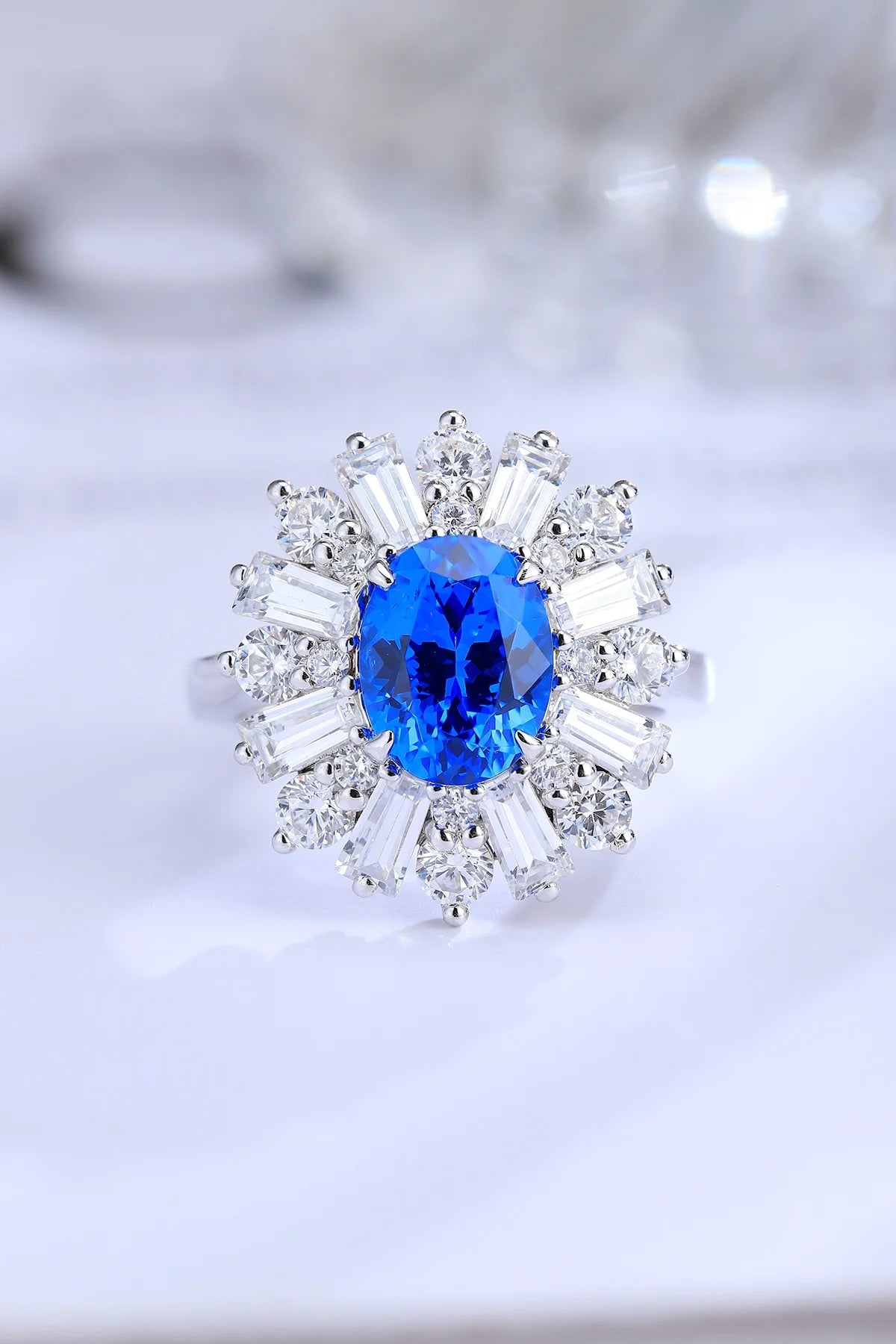 Gemfiori Anster Oval Cut Lab Made Diamonds and Ring S925 Sterling Silver Lab Created Cobalt Spinel Women Ring