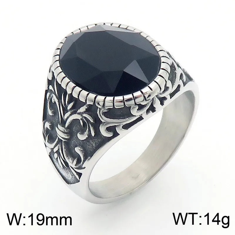 Kalen Vintage Viking Jewelry Luxury Court Style Gemstone Carved Zircon Inlays Stainless Steel Men Rings