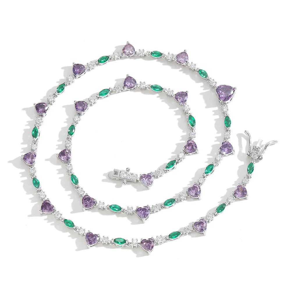 Luxury 16/18inches Purple Heart-Shaped Zircon Charm Tennis Necklace for Women Valentine Gift-Fashion Chains