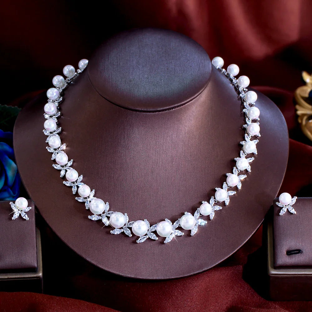Dazzling Cubic Zirconia Stone Necklace and Earrings Big Imitation Pearl Jewelry Set for Women Wedding Bridal Dress Accessories