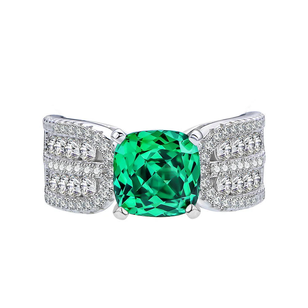 MuShan Jewelry Factory 8 * 8 Fat Square Simulated Emerald Diamond Ring with High Carbon Diamond 925 Silver Ring Redion Cut