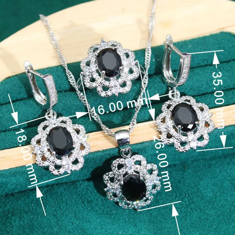 XOTICA Exquisite 925 Silver Jewelry Set for Women Wedding Black Zircon Bracelet Earrings Pendant Ring for Party Date Birthday Gift