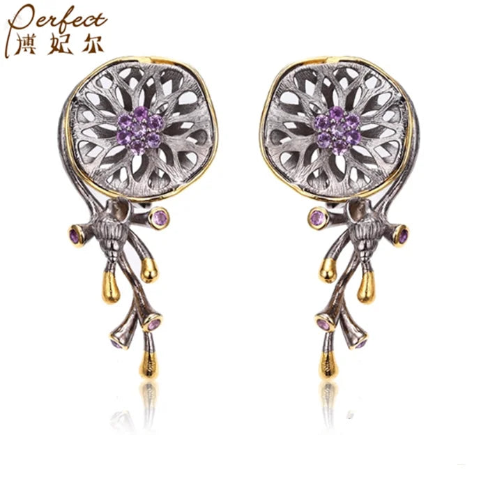 Latest Saudi Gold  Amethyst 925 Sterling Silver Ladies Earrings with Gold Plated