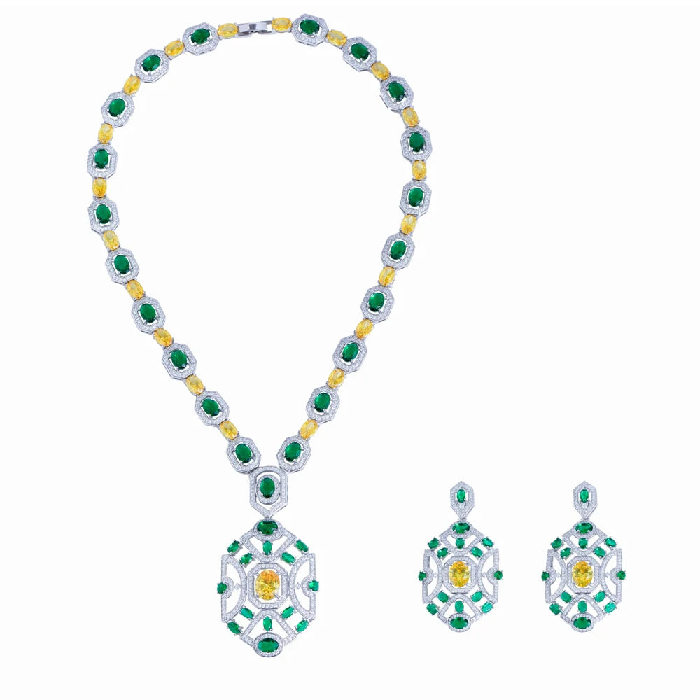 Super Luxury Yellow Green Zirconia Wedding Banquet Big Chunky Necklace and Earrings Bridal Party Costume Jewelry Sets for Women