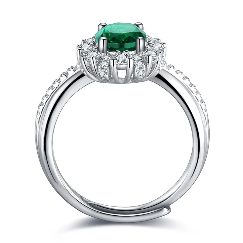 Gemfiori 100% 925 Silver Oval Emerald Stone Promise Ring With Small White Cz Diamonds for Her