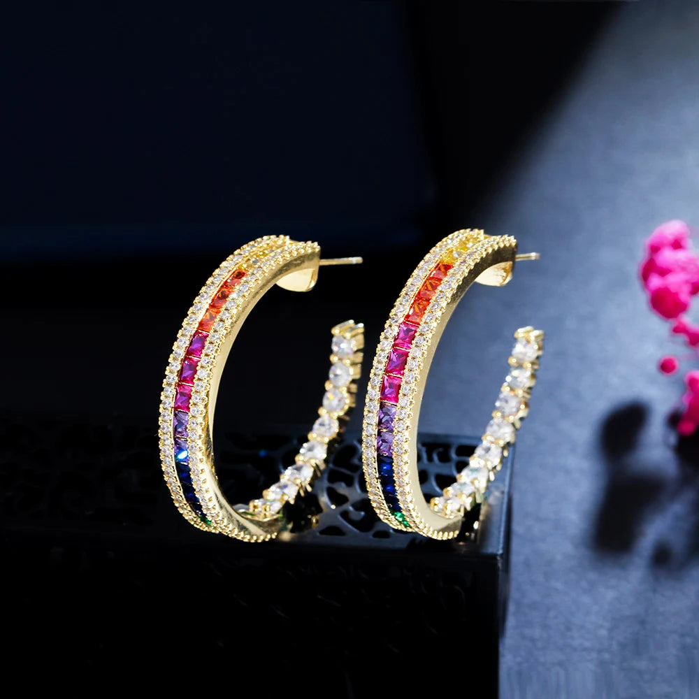 S&S Rainbow CZ Round Hoop Earrings – Princess Cut – 18K Gold Plated – Collection