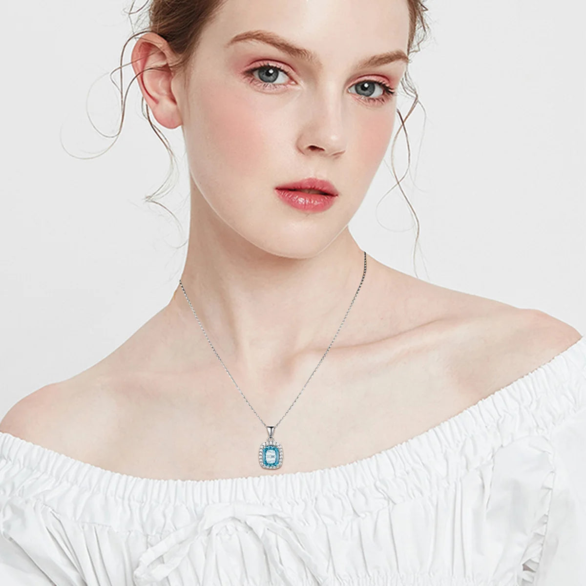 ArtistA 925 Silver Crystal Stone Rings and Pendant Necklace Sets Blue Topaz Aquamarine Gemstone Jewelry Display Set