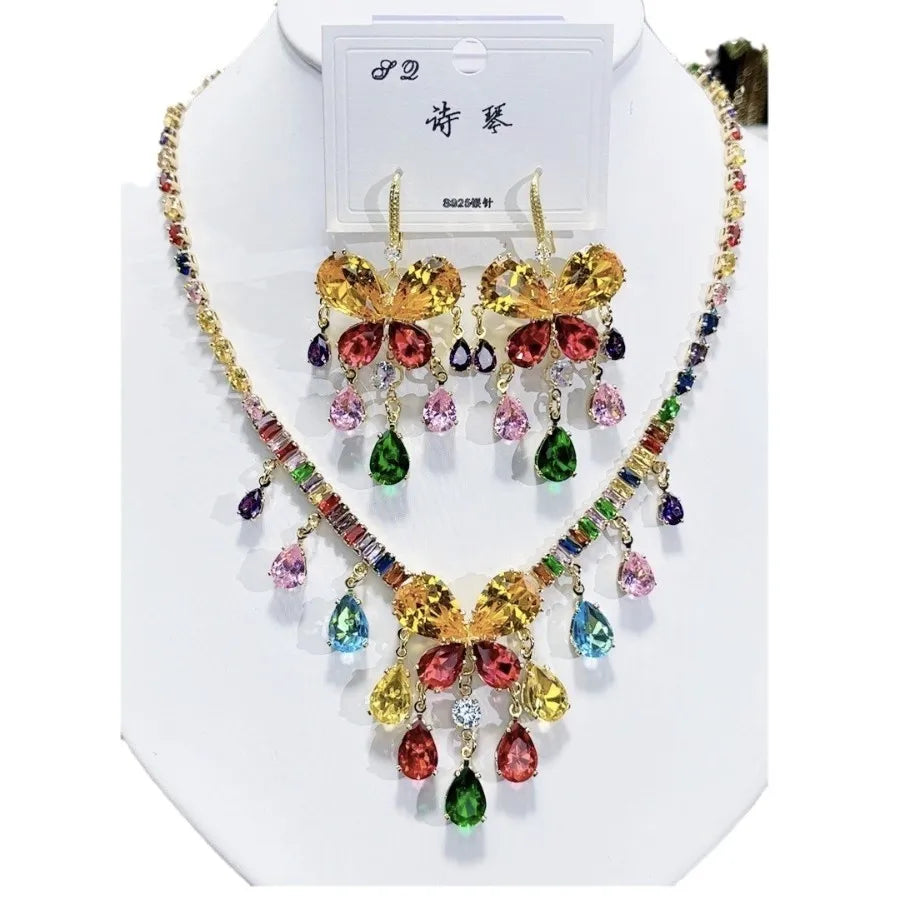 K088 High Quality Women Luxurious Tassel Zircon Butterfly Bridal Necklace Earrings Set Wedding Elegant Jewelry Set