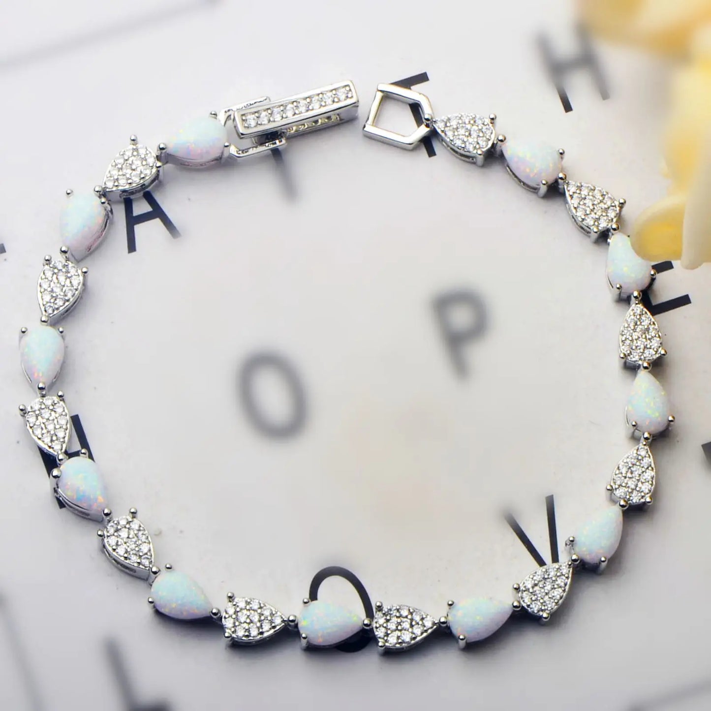 Iridescent Opal Teardrop Bracelet | Silver CZ Statement Jewelry