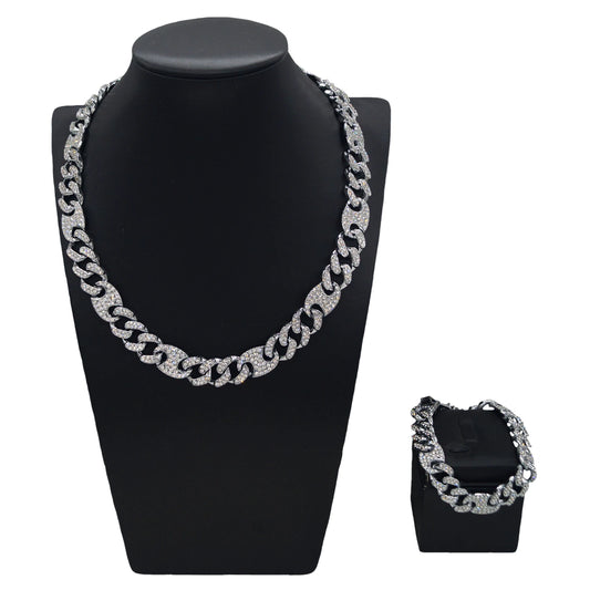 Zhuerrui Simple Fashion Cuba Necklace Bracelet Set Silver Plated Diamond Exquisite Young People Play Hip Hop JewelryBR2400212