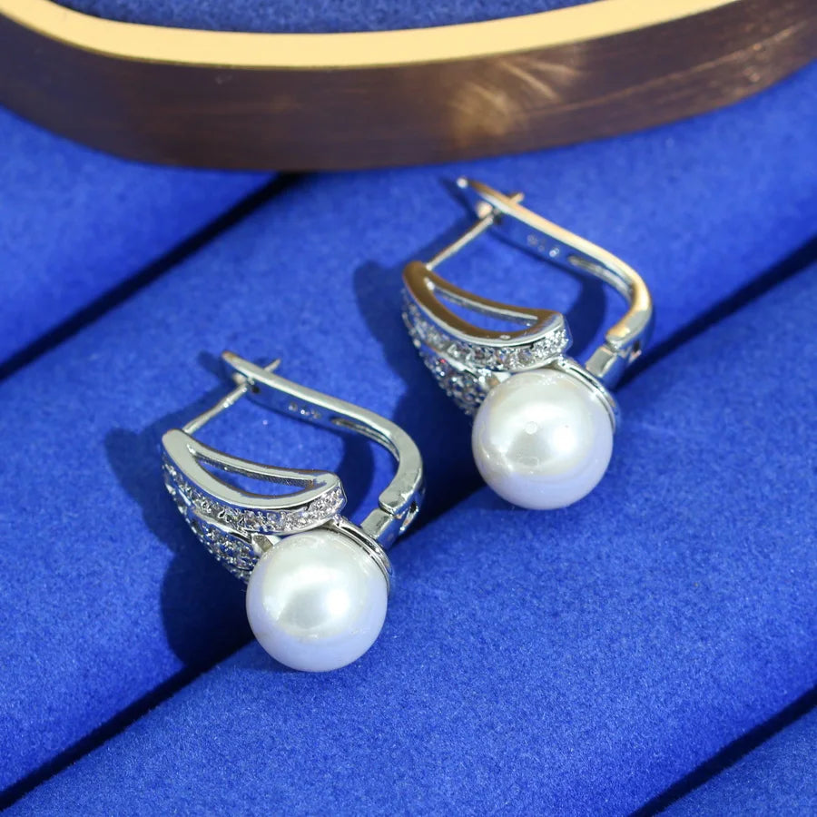 XOTICA White Pearl Zircon Platinum Plated Sterling Silver Classic Jewelry Sets for Women Wedding Earrings Necklace Pendant Ring Gifts
