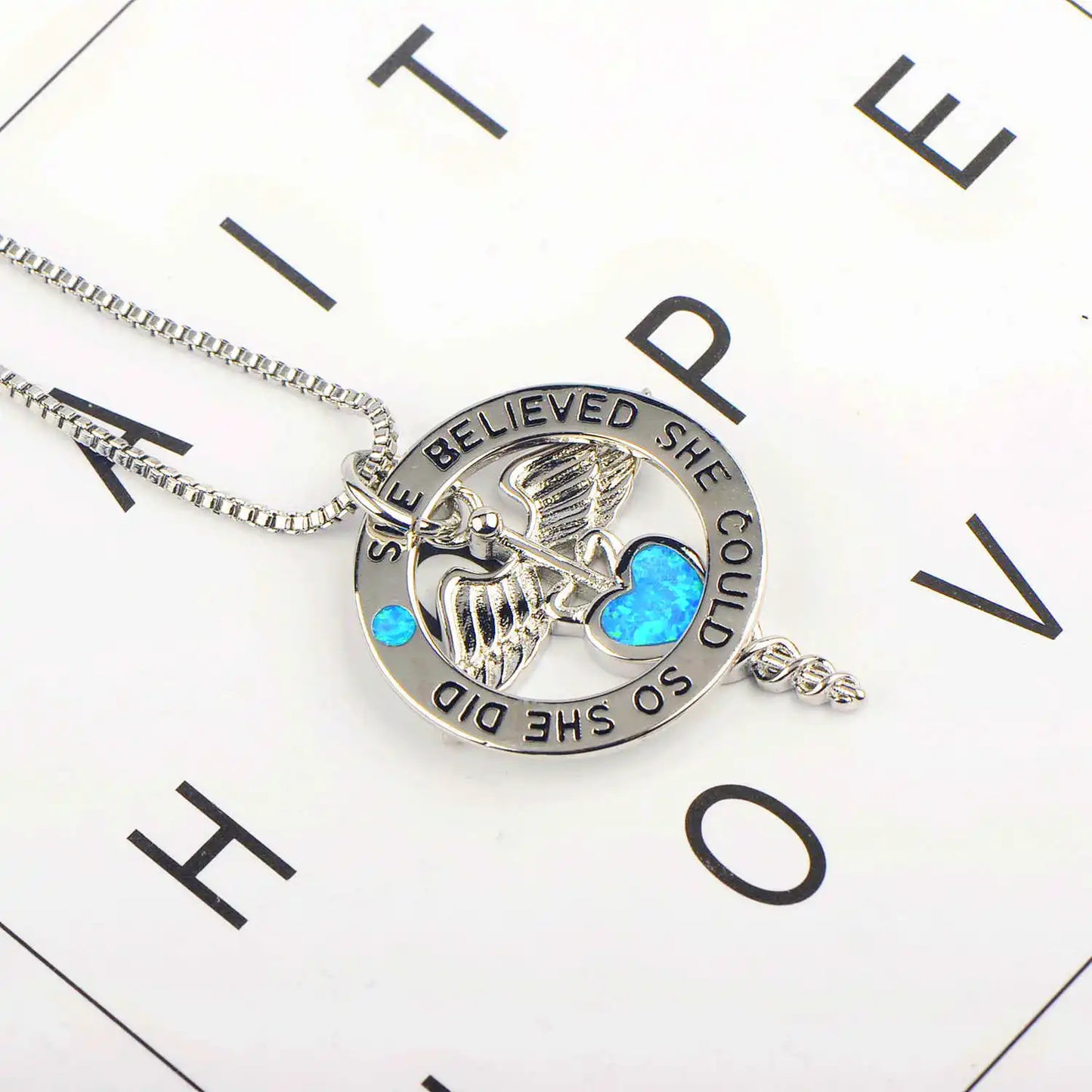 Aobao Women's Christian Angel Collarbone Necklace Blue Heart Pendant Copper Silver Plated Lab Created Opal Sweater Chain Gift