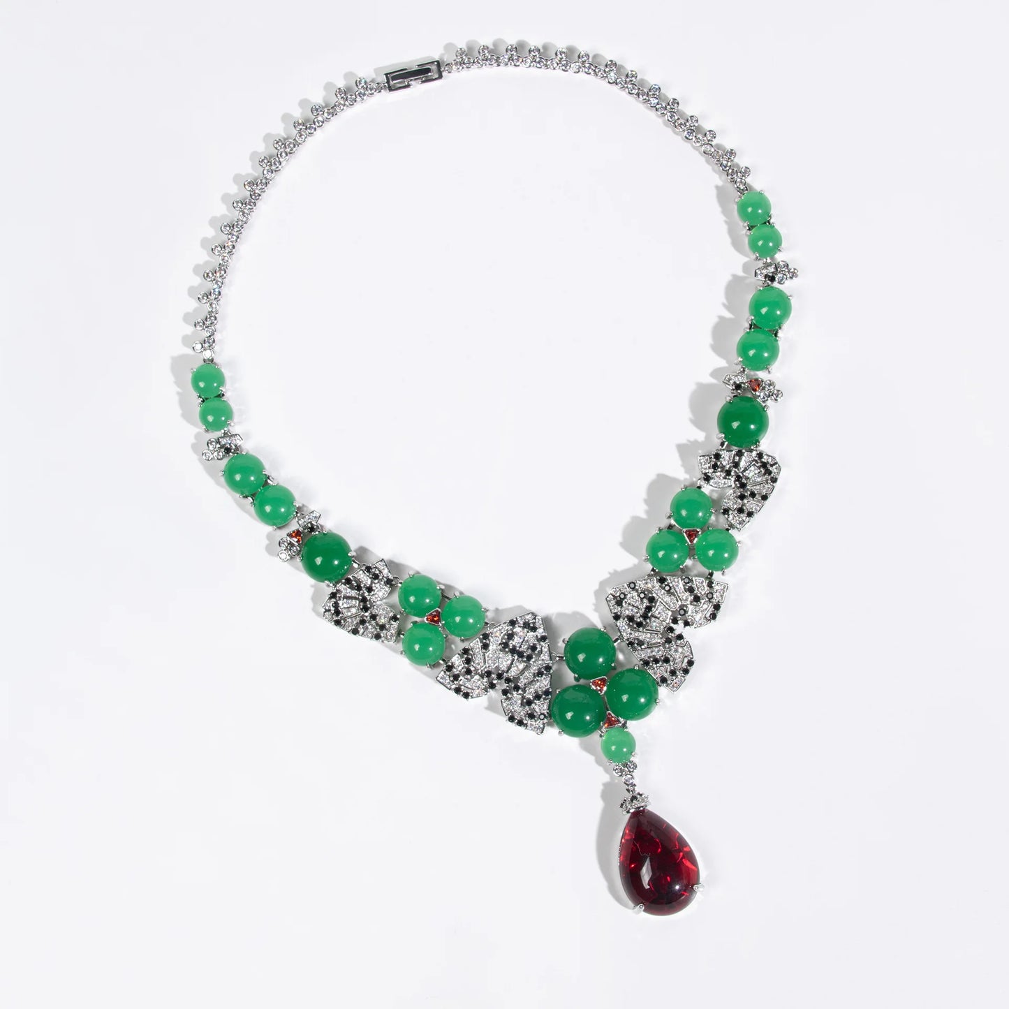 Luxury Jade & Cubic Zirconia Flower Pendant Necklace & Earrings Set — Green & Purple