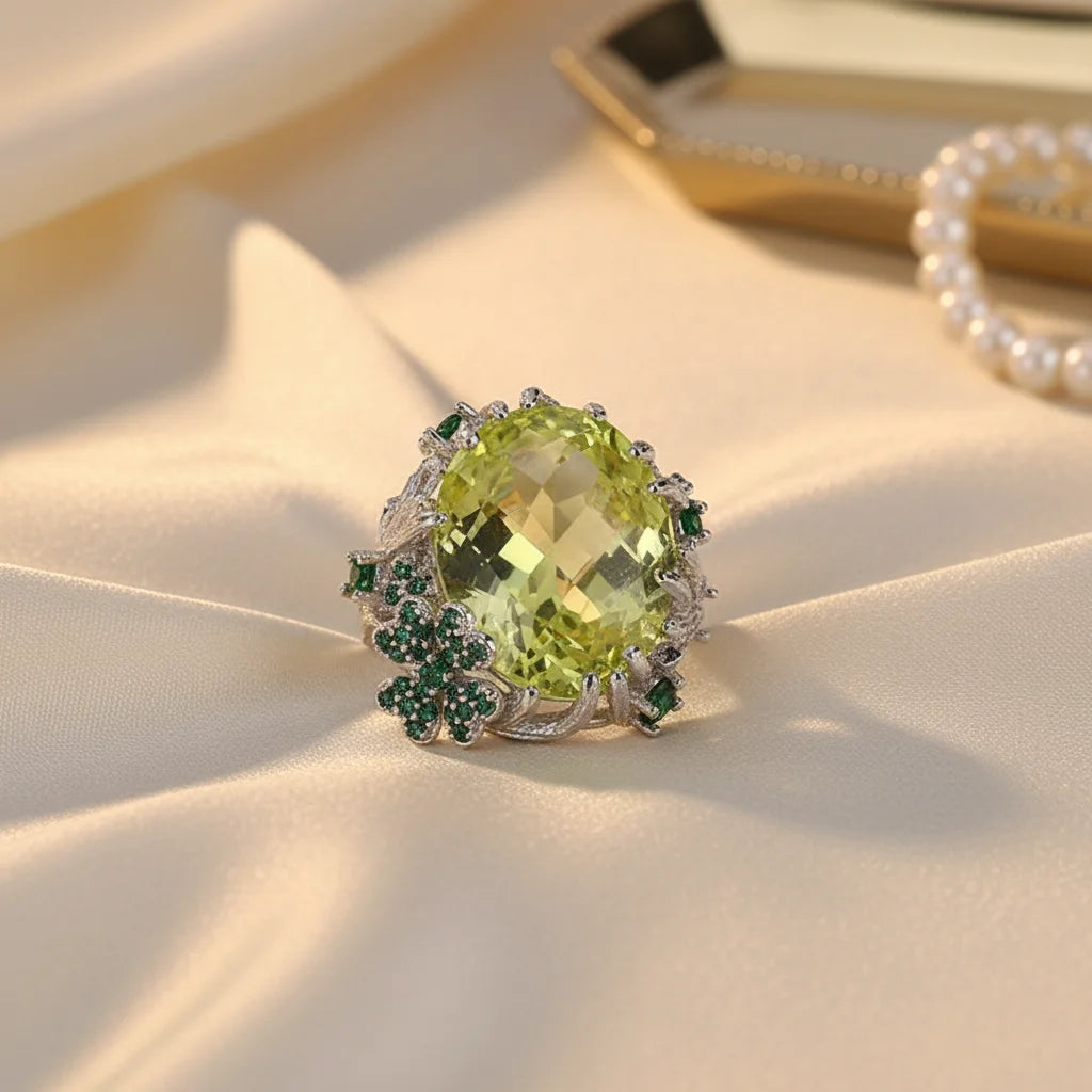 Handmade Fashion Olive Zircon 925 Sterling Silver Jewelry Rings with Bark Grain Design