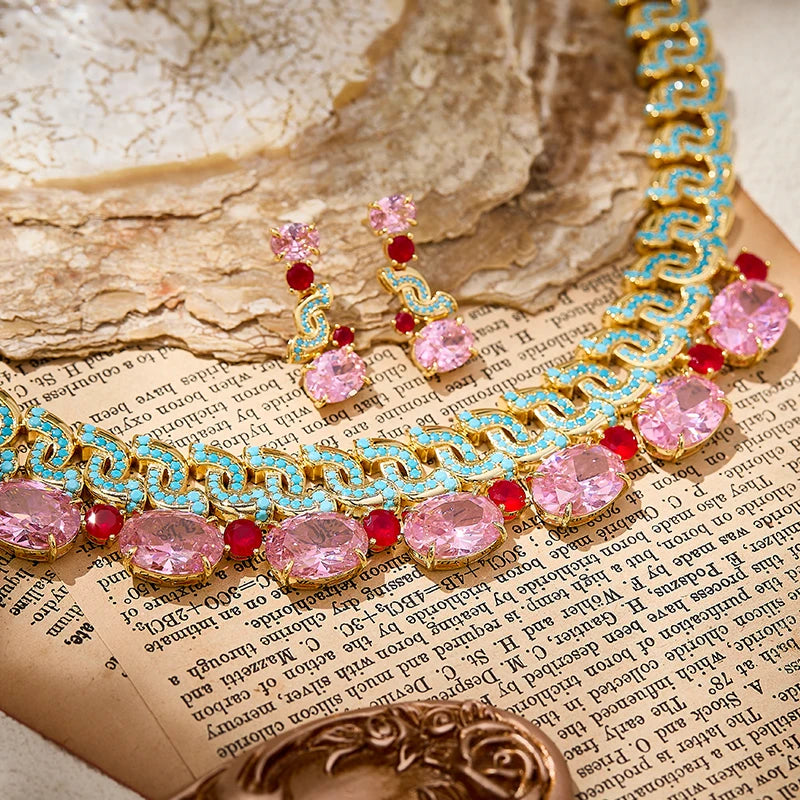 New Pink Blue S-shaped Necklace Earrings Gold Plated Elliptical Colourful Zirconia Elegant Bridal Engagement Dress Set