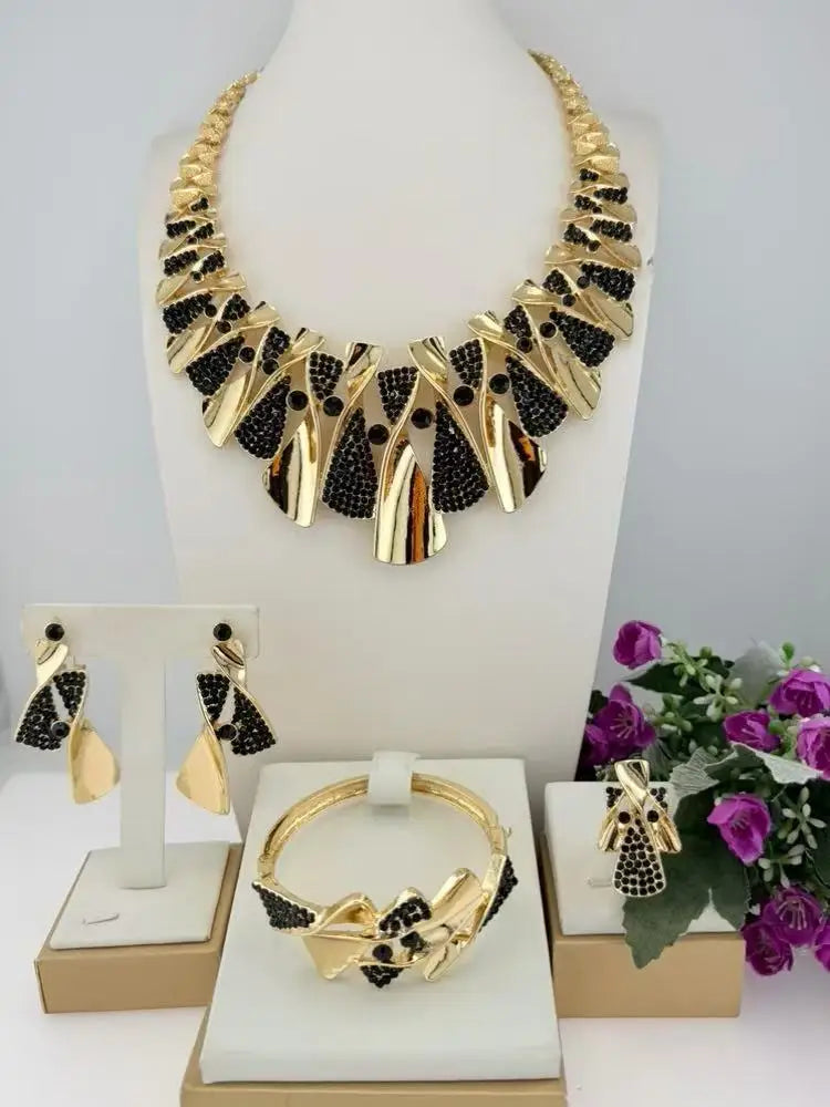Italian Gold-Plated Jewelry Set Necklace Bracelet Earrings Ring Four-Piece Sets Inlaid with Crystals Wedding Jewellery Set