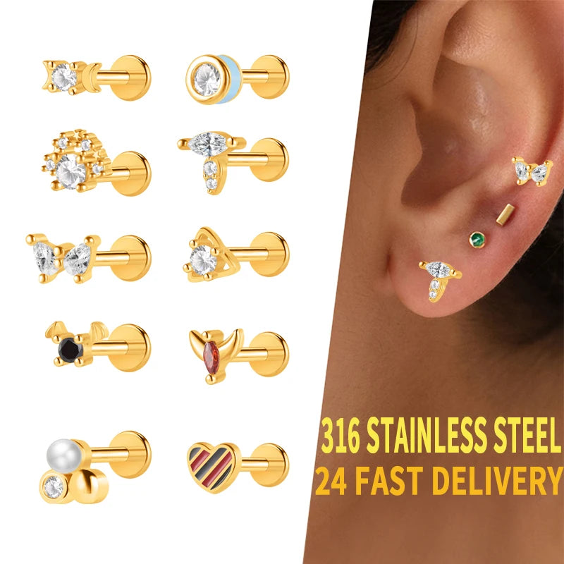 S&S Stainless Steel Gold Flat Back Labret Stud | Zircon | 10 Designs