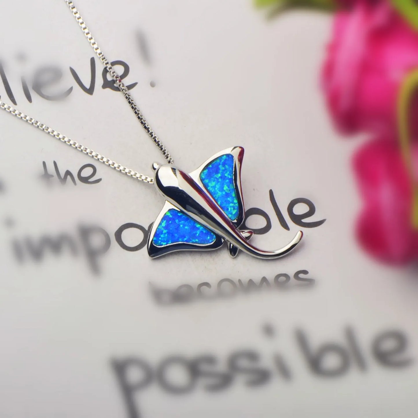 Opal Christian Batfish Necklace for Women Romantic Brass Link Chain Sweater with Blue Hexagonal Star Pendant
